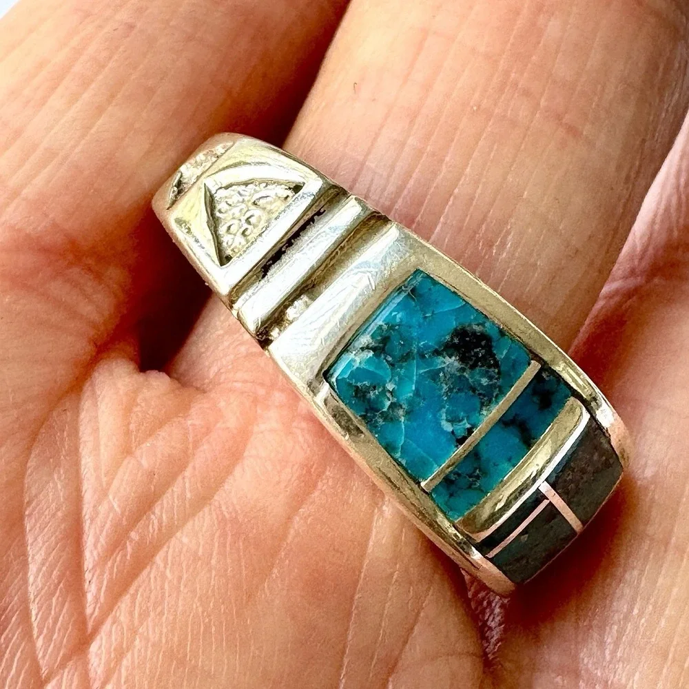 Mens Navajo Wedding Band 12 Ring Turquoise 9mm Inlay Signed Tolino Native Blue